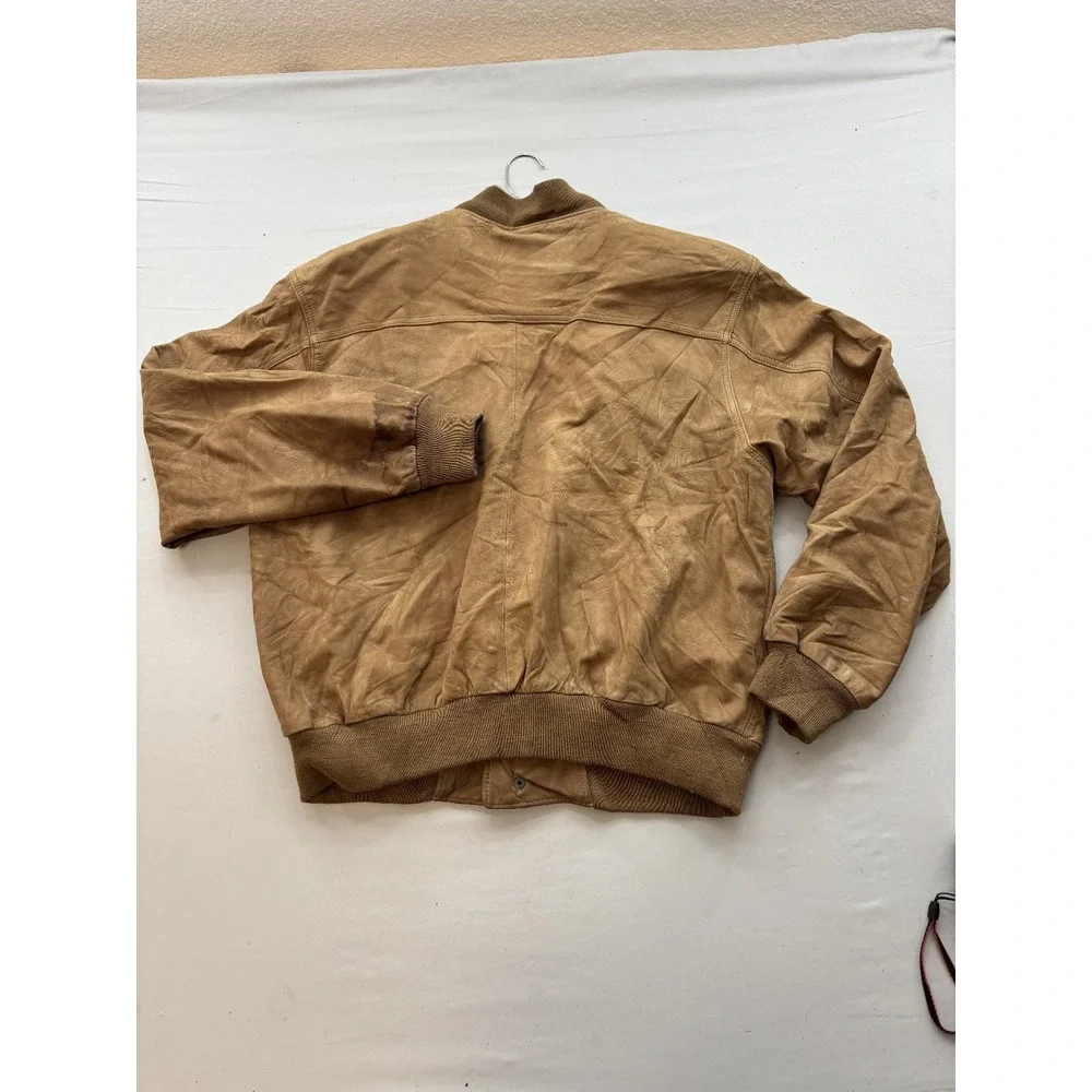 MESA RIDGE Vintage Men Tan Leather Bomber Jacket L Button Front Ribbed Trim